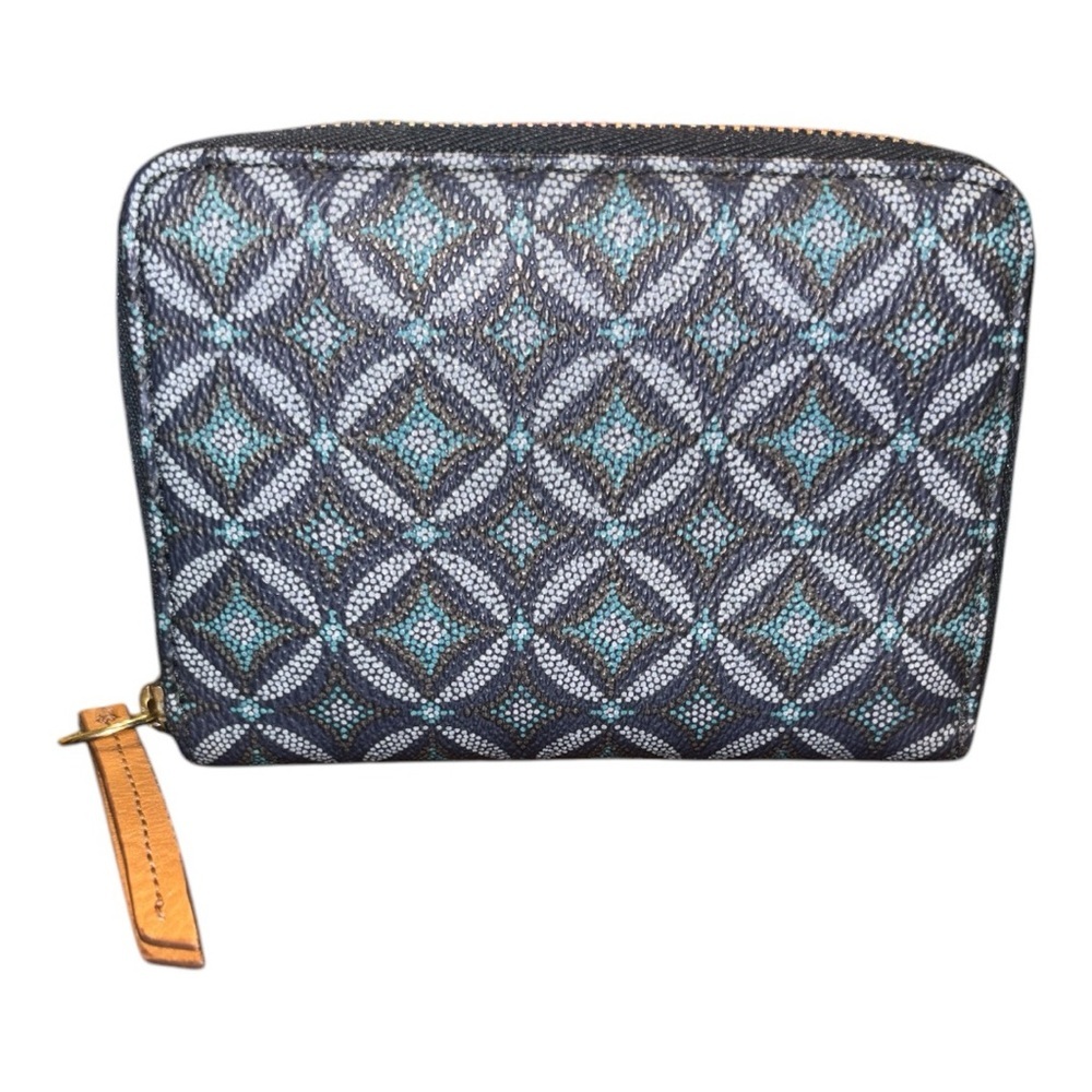 Fossil vintage bi-fold zippy compact wallet in blue mosaic. WLT 4